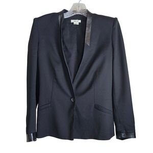 Helmut Lang Black Silk Blend Lamb‎ Leather Trim Blazer Jacket Size 0 One Button